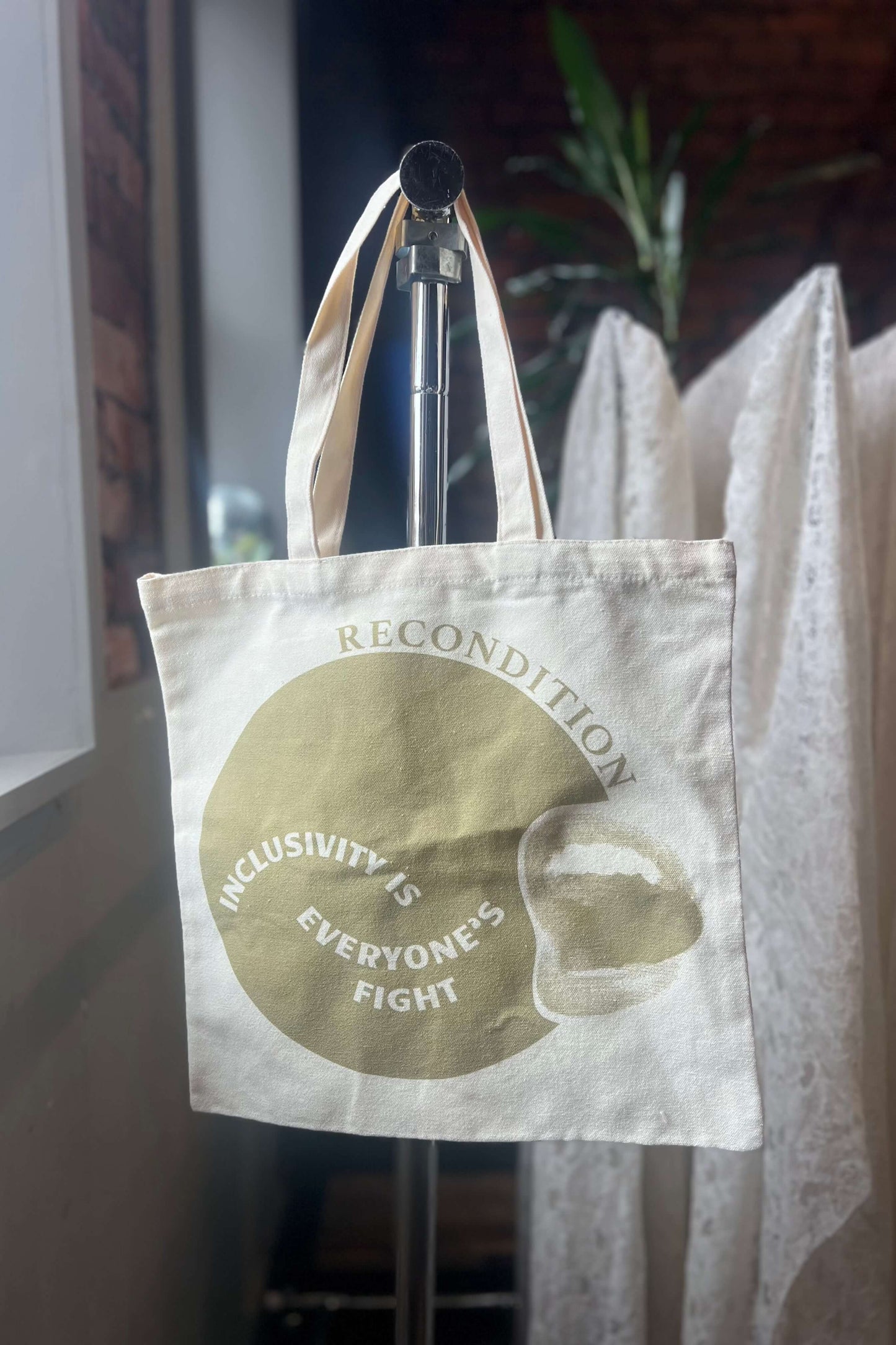 a white bag with a yellow circle on it