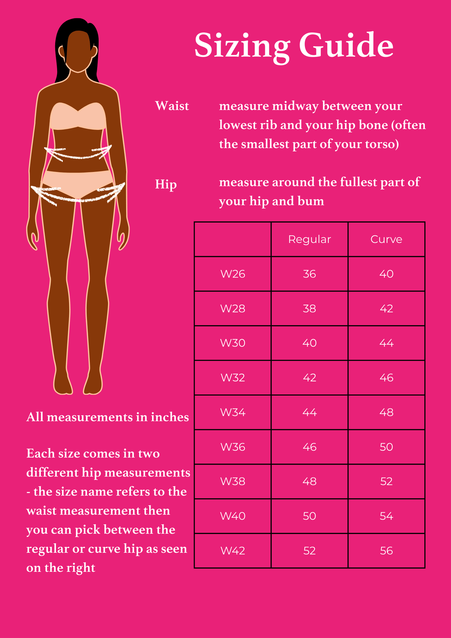 Sizing guide for women's clothing with a pink background, including measurements and chart.